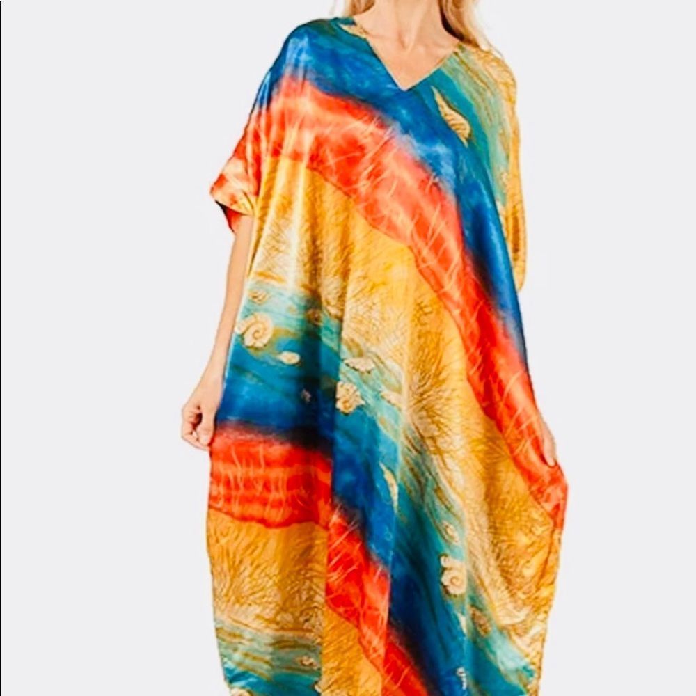 Vtg Winlar Metallic Caftan Seascape Ocean Beach Seashell Coverall Bathing Suit
